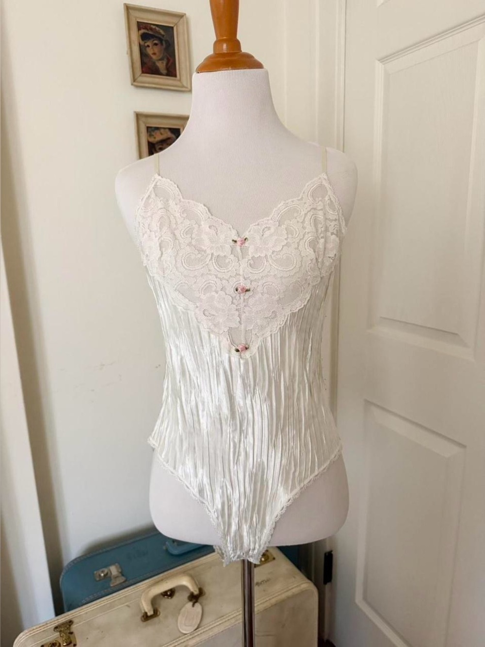White Vintage 1980s Satin Teddy Lingerie